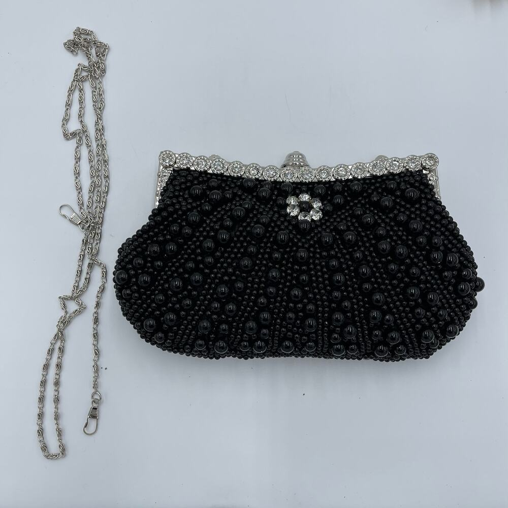 Retro Black Floral Embellished Large Beading Evening Clutch - Picture 5 of 5